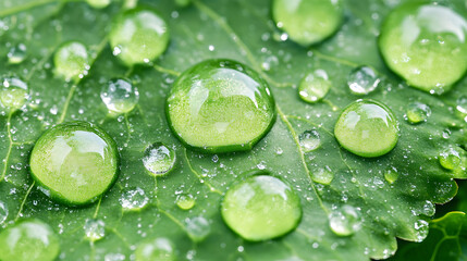 Fototapeta premium Close-up of droplets glistening on a vibrant green leaf, showcasing nature's beauty and the freshness of the environment
