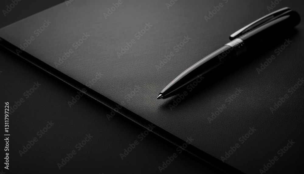 Poster black pen resting on a textured black surface, minimalist composition with subtle lighting creating 
