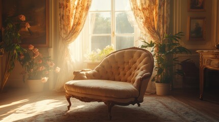 Fototapeta premium Gilded antique lounge chair in a neoclassical salon, towering window, floral drapes, golden hour sunlight