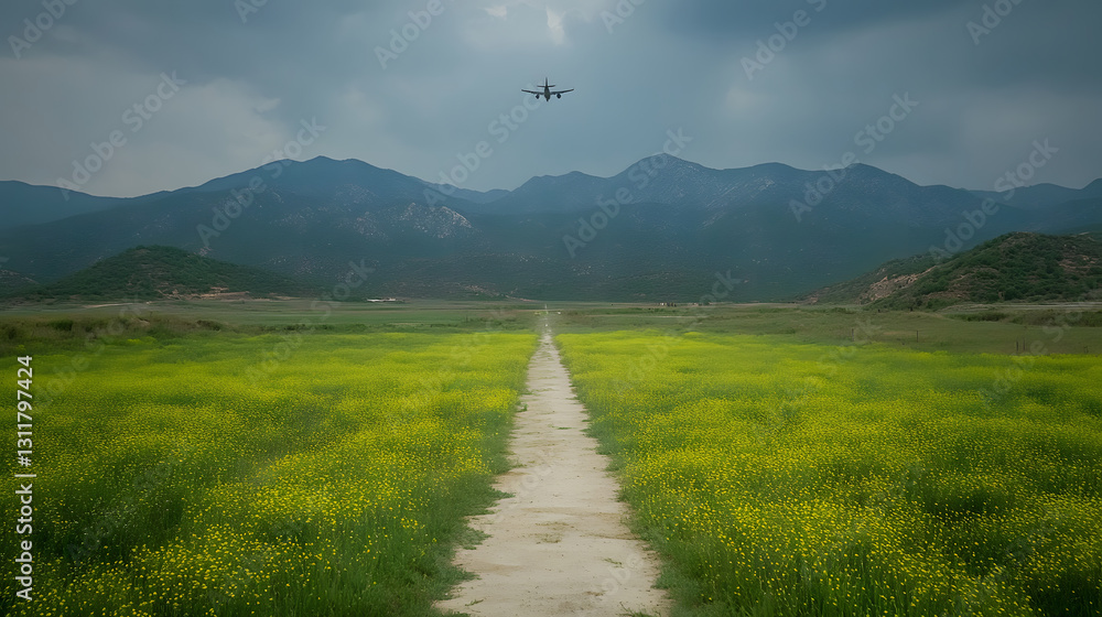 Aufkleber A serene landscape featuring a path through vibrant green fields, with mountains in the background and a drone hovering above