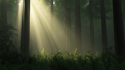 A forest with sunlight shining through the trees. The light is bright and warm, creating a peaceful and serene atmosphere. The trees are tall and dense, with a variety of leaves and branches