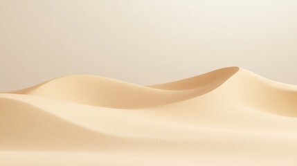 A sandy beach with a small hill in the distance. The sand is light brown and the sky is a pale blue. The scene is peaceful and serene, with the gentle sound of waves lapping against the shore