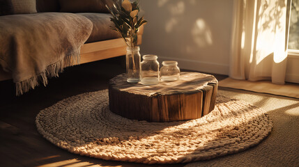 Zero-waste living room corner with natural fiber rugs and wooden furniture