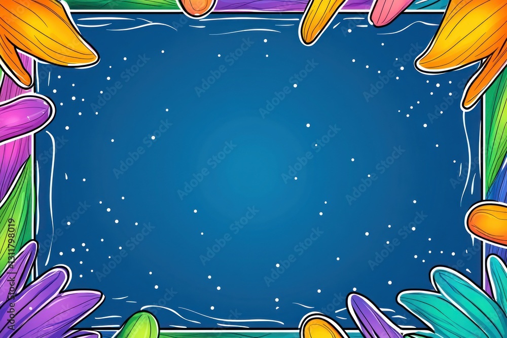 Poster colorful flowers frame sparkling blue background with empty space. abstract vibrant design