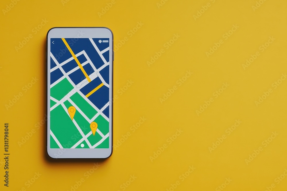 Poster smartphone displaying a colorful map on a bright yellow background.