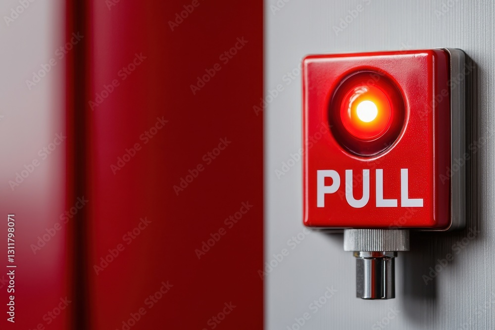 Poster red button with a glowing light indicating to pull on a door.