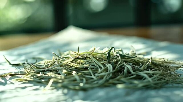 A close-up macro shot of loose white tea leaves resting on a sheet of parchment paper. Their delicate silvery tips glisten under soft, diffused lighting, emphasizing their rarity a