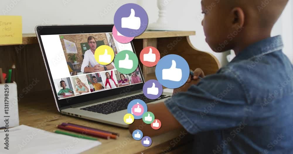 Poster in school, child participating in virtual class with animation of thumbs-up icons