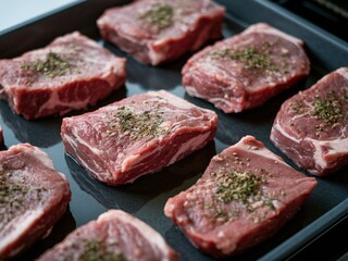 Fototapeta premium Raw beef steaks seasoned with herbs on a black baking tray.
