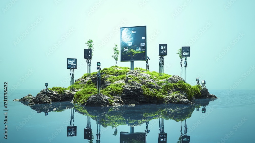 Poster a serene futuristic scene featuring floating screens and devices anchored to a moss-covered island. 