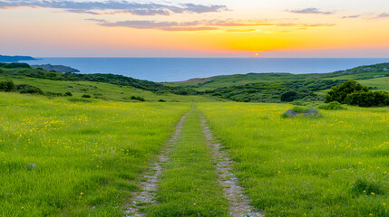 Obraz premium A serene landscape at sunset, featuring a dirt path leading through lush greenery towards the ocean