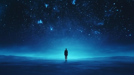 A lone man walks beneath an illuminated star-filled sky in an empty, barren landscape. This cinematic scene evokes feelings of exploration, awe, and the grandeur of the cosmos, ideal for adventure or
