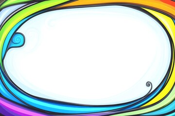 Colorful frame curves inward, forming blank center against white backdrop with decorative swirls in corners