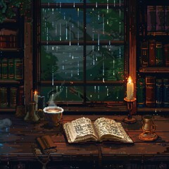 A tranquil study depicts an open book resting on a wooden table, steam rising from a cup. Rain falls outside the window, creating a calm, reflective atmosphere