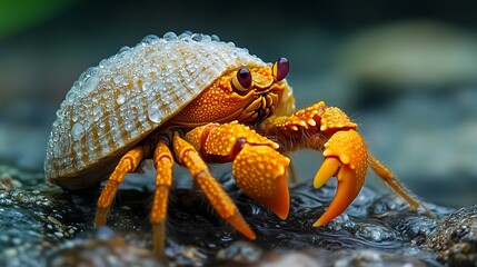 Orange hermit crab in shell with water droplets.