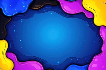 Fototapeta premium Colorful frame. Paint spills surround deep blue gradient. Decorative border with texture and vibrant color