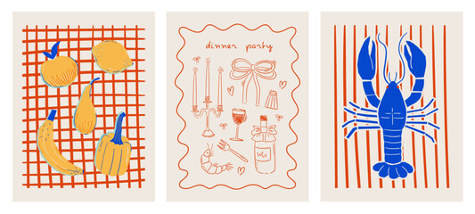 Set of abstract food posters with fruits, vegetables, lobster, wine illustrations. Contemporary art prints in colorful trendy style. Dinner party whimsical wall art. Vector graphic