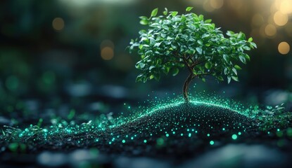 Sustainable Earth Hologram on Digital Tech Background, Symbolizing Global Environmental Protection and Green Future