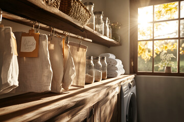 Zero-waste laundry room with natural cleaning supplies and wooden drying rack
