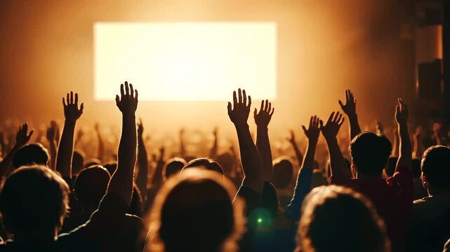 A film festival screening ends with a standing ovation. Enthusiastic viewers applaud in a grand cinema hall, their silhouettes contrasting against the dim projector light.