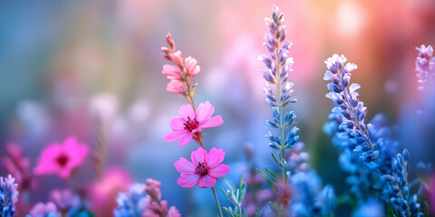 Beautiful spring flowers in the meadow, with a colorful background. The blurred background creates a dreamy effect for cosmetics, spa, perfume, beauty salon, florist shop, invitation, gift card
