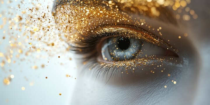 Close-up of a mesmerizing eye, gleaming in white and gold glitter. Gold sparkles adorn the top half, casting an enchanting glow across the features below, capturing an ethereal beauty