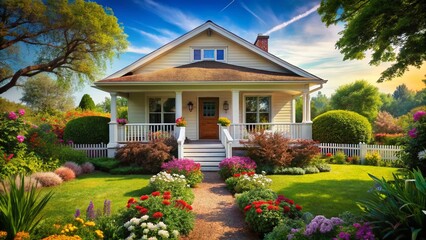 Vintage White Bungalow Porch Garden Stock Photo - Charming Home Exterior