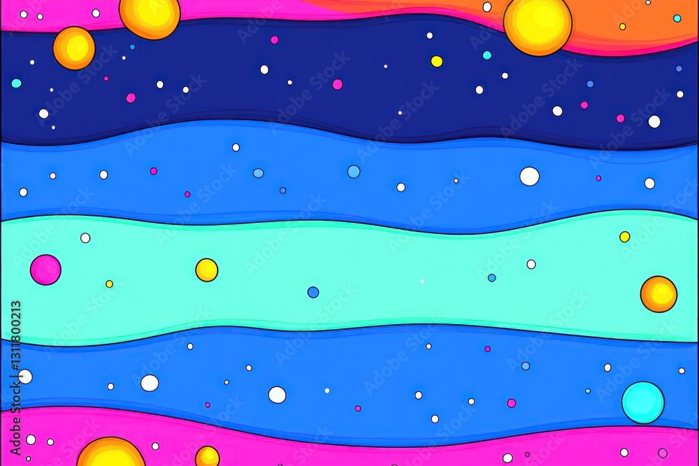 Poster colorful layered waves with floating orbs and dispersed spots in a space-themed background