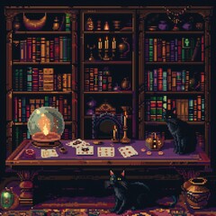 A cozy study is filled with books and candles, casting warm light. Two black cats sit near a table covered with tarot cards and a crystal ball, creating a mysterious atmosphere