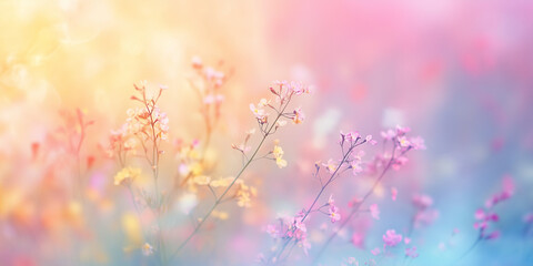 Beautiful dreamy flowers in the meadow, with a colorful background. The blurred background creates a dreamy effect for cosmetics, spa, perfume, beauty salon, florist shop, invitation, gift card