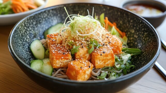 A fresh bowl of cold soba noodles with sesame dressing and crispy tofu.