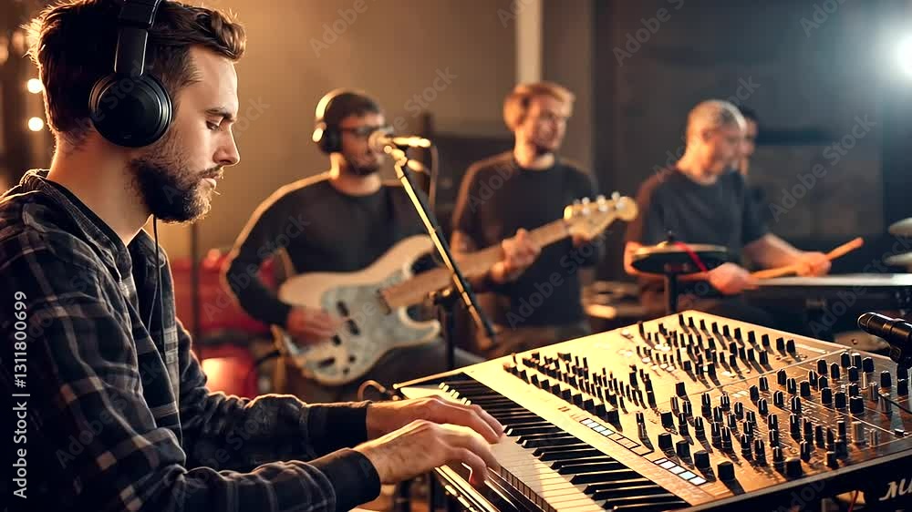 Poster A group of musicians of different genres create a fusion sound in a recording studio, surrounded by instruments and soundboards.