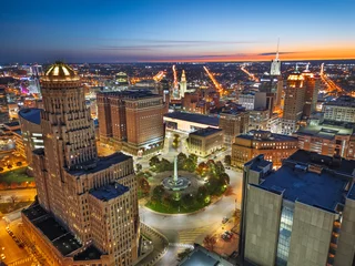 Gordijnen Buffalo, New York, USA evening time lapse over Niagara Square. © SeanPavonePhoto