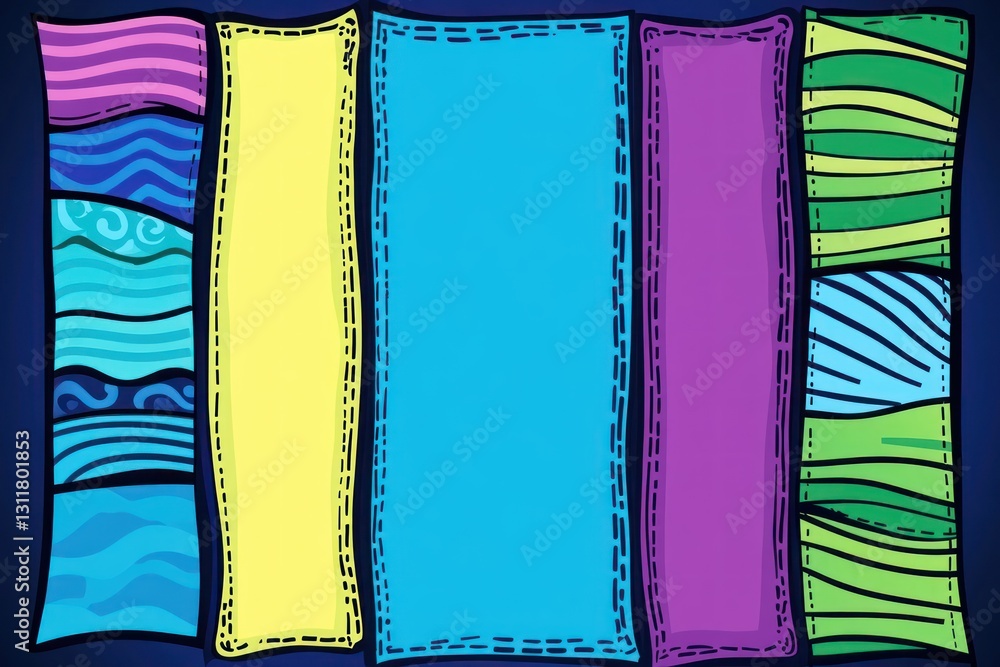 Poster colorful panels displaying various patterns, standing against a dark, abstract, gradient background