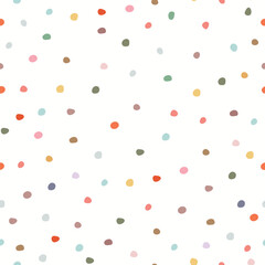 Seamless pattern with colorful polka dots on white nackground. Vector illustration for wrapping paper, fabric clothes.