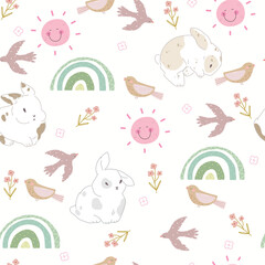 Seamless pattern with bunny, pink sun, rainbows and flowers. Vector illustration for Easter.