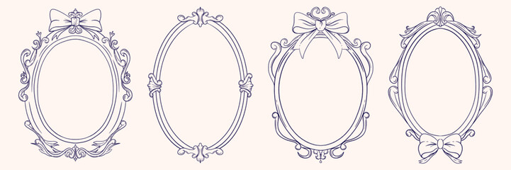 Antique oval frames with bows in decorative Victorian style