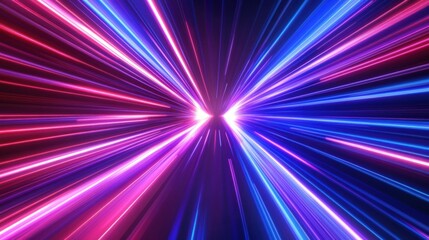Vibrant neon rays and glowing lines create an abstract background depicting motion and technology in dark blue, purple, and red hues