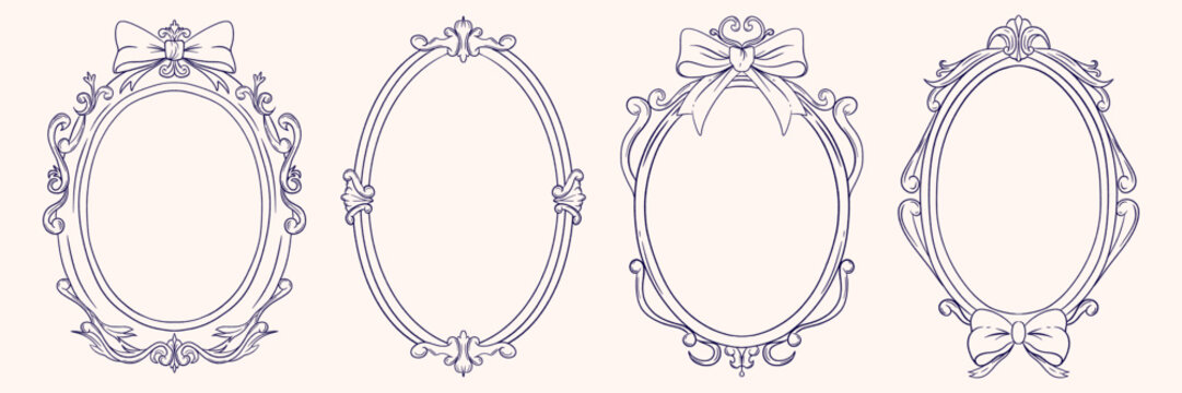 Antique oval frames with bows in decorative Victorian style - Powered by Adobe