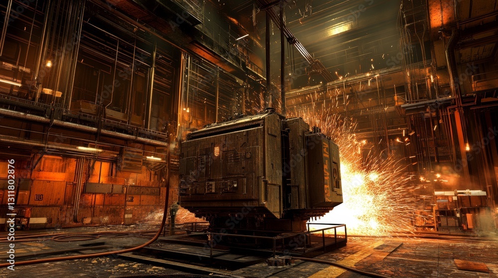 Poster a large industrial machine is illuminated by sparks flying across the scene in a factory. the powerf