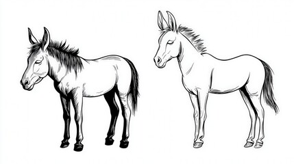 Obraz premium Two donkeys, line art, black and white illustration.