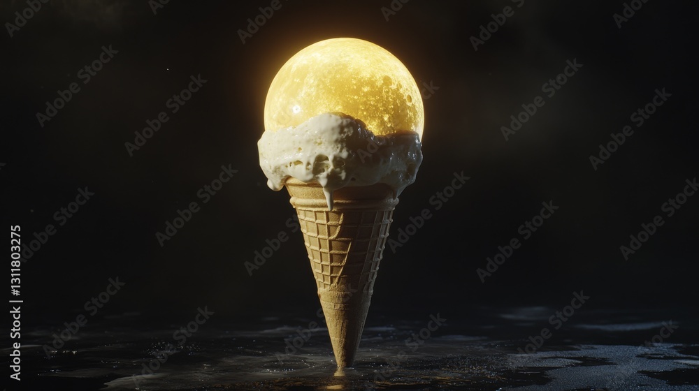 Poster a unique and surreal image of a glowing full moon placed on an ice cream cone, surrounded by a dark,