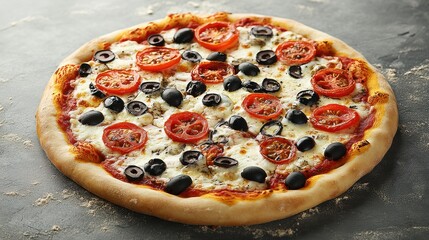 Homemade Pizza with Tomatoes, Olives, and Mozzarella