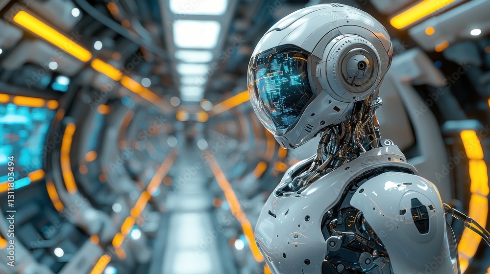 Poster futuristic robot in spaceship corridor with advanced technology and lighting