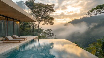 Fototapeta premium Luxury resort-style lounge chair on a hilltop infinity pool deck, glass railing overlooking a misty rainforest valley