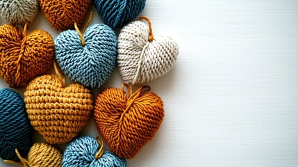 Naklejka premium Knitted hearts, artful display, white background
