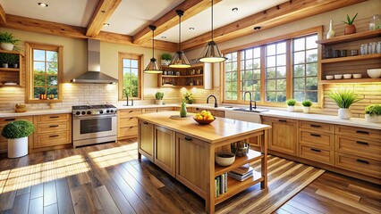 Fototapeta premium Warm Farmhouse Kitchen Interior with Ample Counter Space - Stock Photo