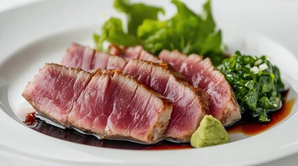 A plate of seared ahi tuna with a soy-ginger glaze and a side of wasabi.