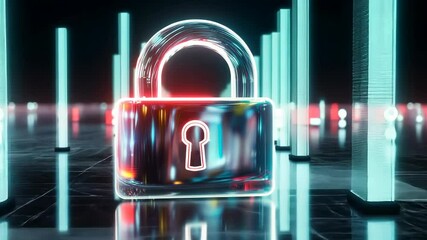 Glowing Lock Icon motion on dark background. Cyber security of digital data network protection concept. abstract 3d animation. Network, cyber technology.  - Powered by Adobe