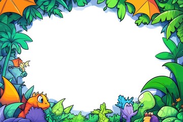 Naklejka premium Cute creatures frame a blank canvas in vibrant jungle with lush vegetation and bright colors